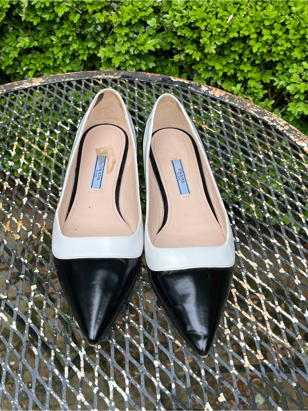 Prada Black and White Pointed Toe Leather Flats